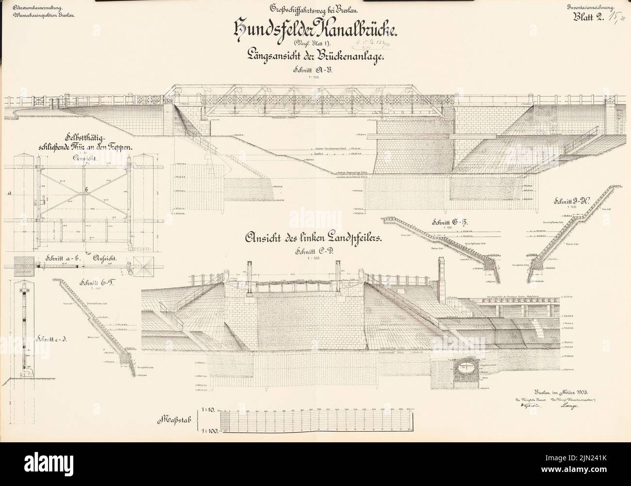 N.N., Großschiffahrtsweg, Breslau. Hundsfeld Kanalbrücke: Ansichten, Schnitte 1: 100, 1:10. Lithographie auf Karton, 48,6 x 69,3 cm (inklusive Scankanten) Stockfoto