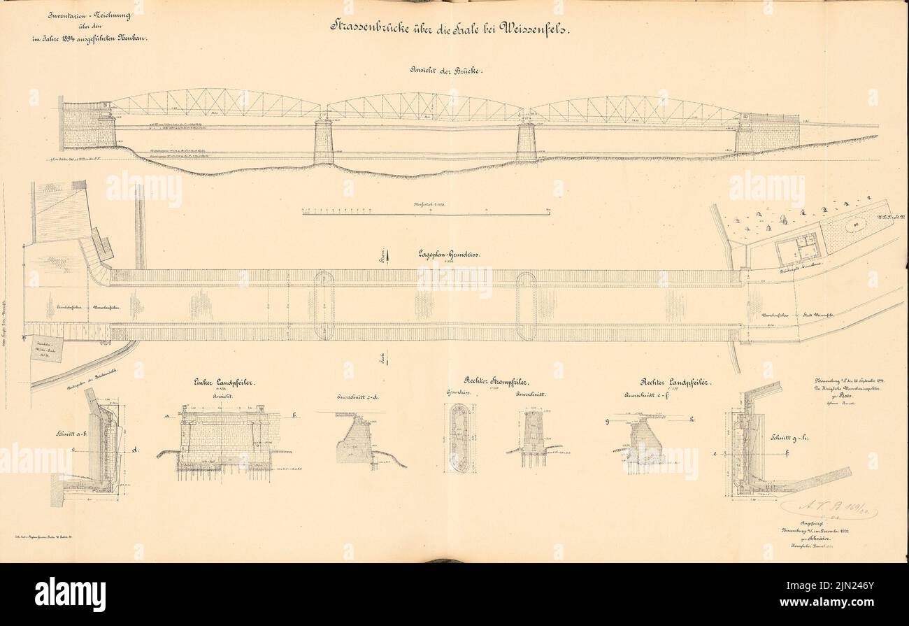 N.N., Straßenbrücke über die Saale, Weißenfels: Ansichten, Grundrisse, Schnitte 1: 150. Lithographie auf Karton, 61,2 x 98,8 cm (inklusive Scankanten) Stockfoto