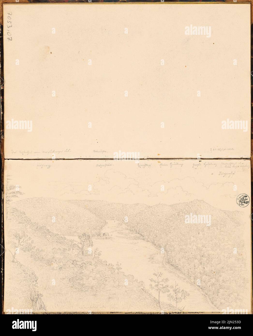 Stier Gustav (1807-1880), Reiseskizzenbuch 1828: Selketal bei Harzgerode (08.08.1828): Perspektivische Ansicht des Selketals von Meisenberg. Bleistift auf Papier, 30,1 x 24,3 cm (einschließlich Scankanten) Stockfoto