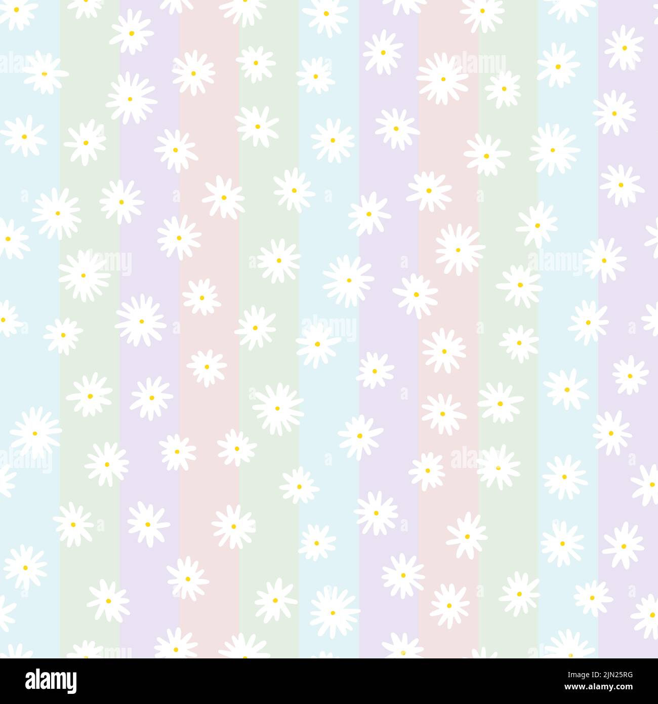 Nahtloses Vektormuster der Kamille. Handgezeichnete weiße Blüten mit gelben Mittelpunkten auf hellem gestreiftem Hintergrund. Botanisches Ornament. Niedliche Pflanze illustrative Stock Vektor
