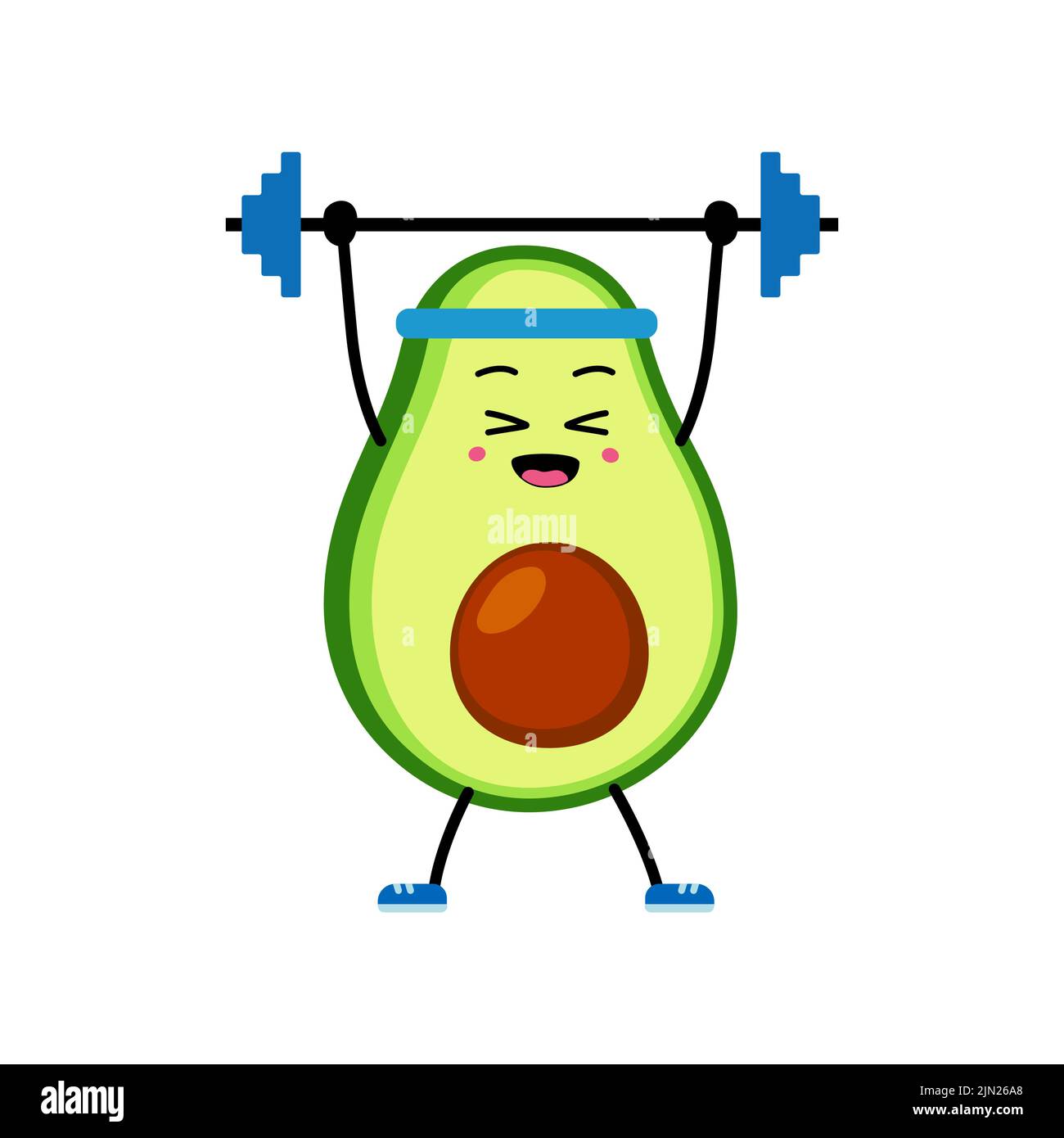 Niedliche Avocado Charakter macht Sport Powerlifting. Cartoon Happy Avocado bei einem Sport-Workout Gewichtheben. Vektorgrafik auf weißem Hintergrund. Con Stock Vektor