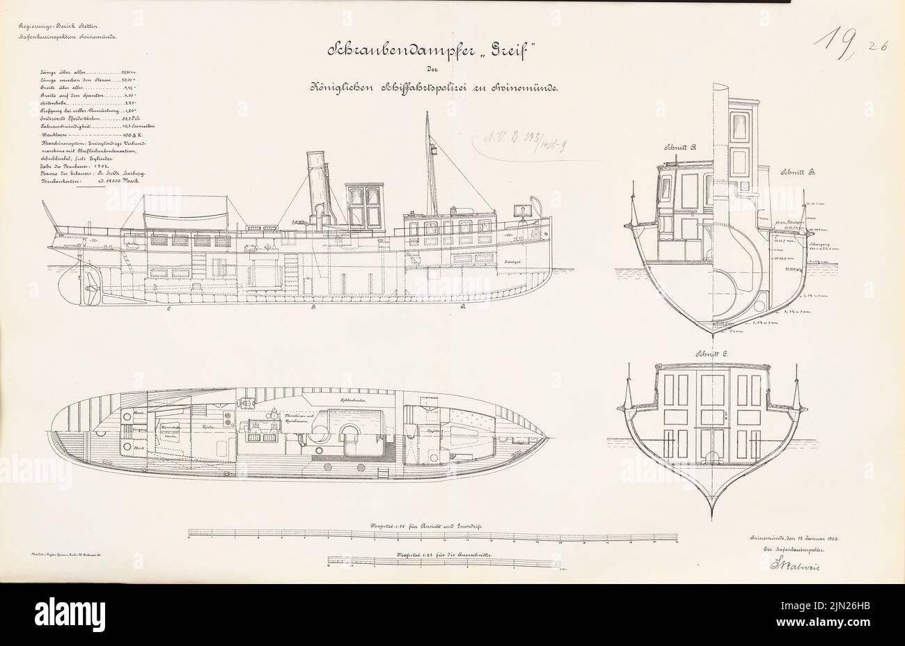 N.N., Schraubendampfer »Greif« der Schiffspolizei, Swinemünde: Ansicht, Grundriß 1:50, Schnitte 1:25. Lithographie auf Papier, 49,9 x 77,3 cm (einschließlich Scankanten) Stockfoto