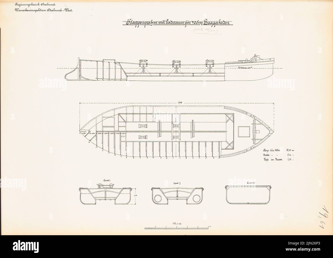 N.N., Klappen mit Laderaum für 40 cbm Baggerboden: Ansicht, Grundriß, Schnitte 1:50. Lithographie auf Karton, 43,7 x 61,9 cm (inklusive Scankanten) Stockfoto