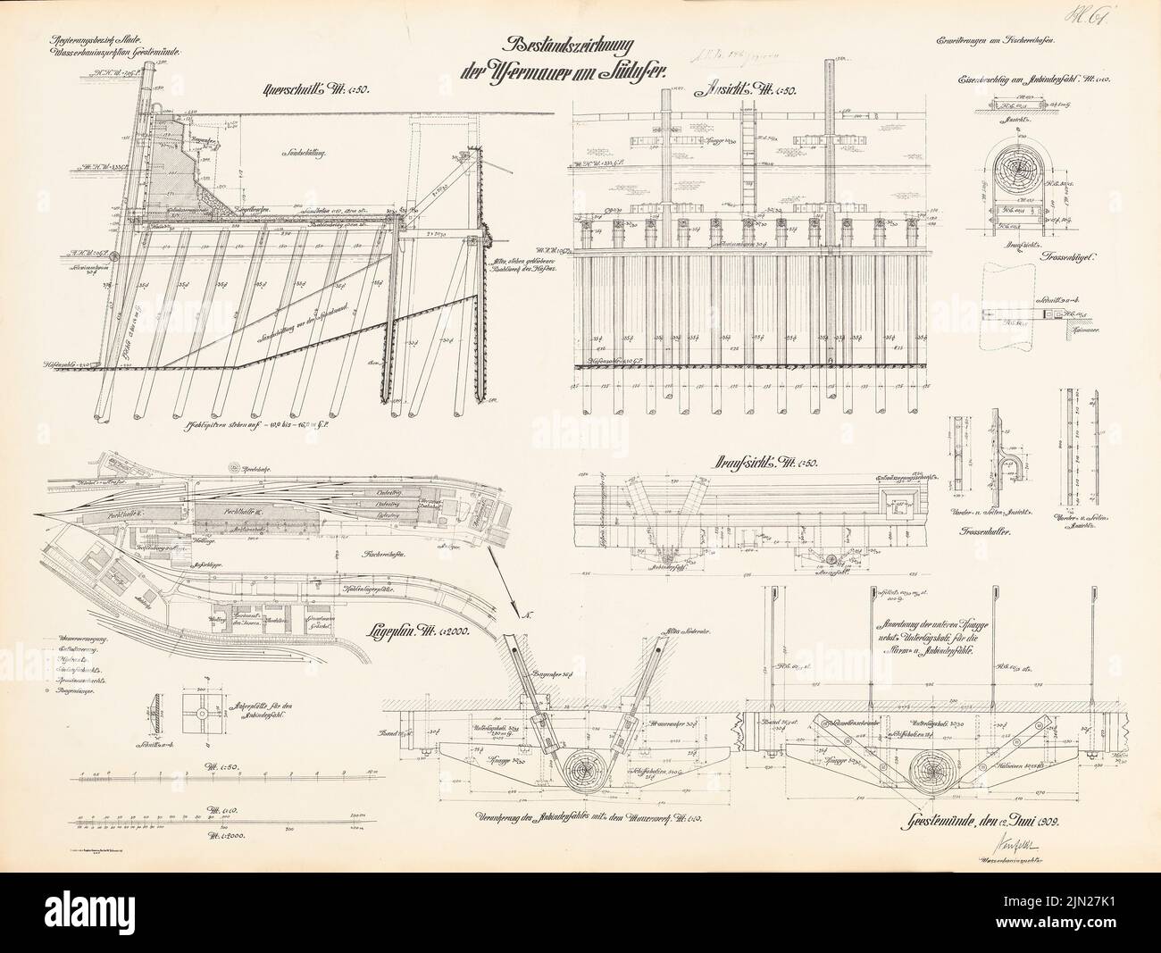 N.N., Fischereihafen, Geestemünde. Erweiterung: bankwand am Südufer: Lageplan 1: 2000, Ansicht, Schnitte, Details 1:50, 1:10. Lithographie auf Karton, 66,8 x 88,8 cm (inklusive Scankanten) Stockfoto