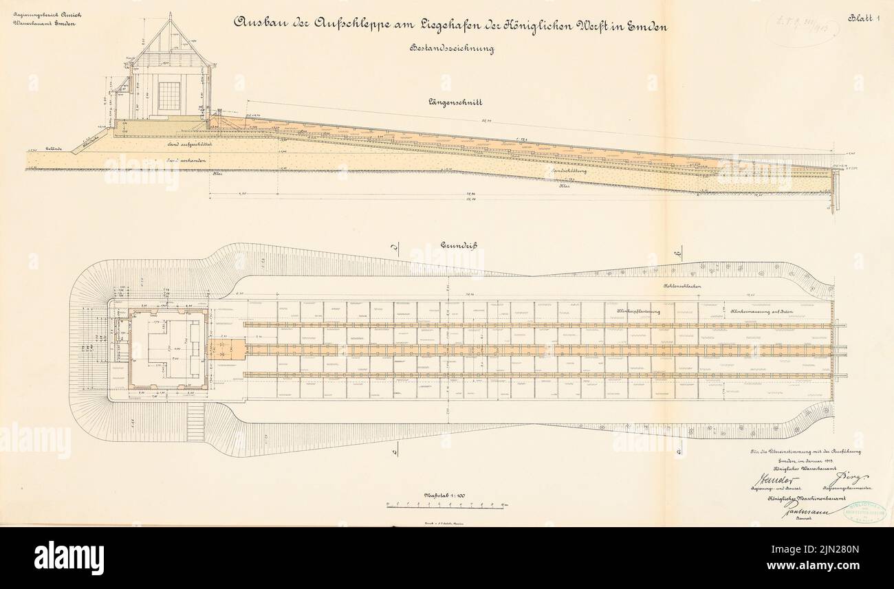 N.N., Erweiterung des Tropfens am liegenden Hafen der Werft, Emden: Grundriß, Längsschnitt 1: 100. Lithographie auf Karton, 49,6 x 84,1 cm (inklusive Scankanten) Stockfoto