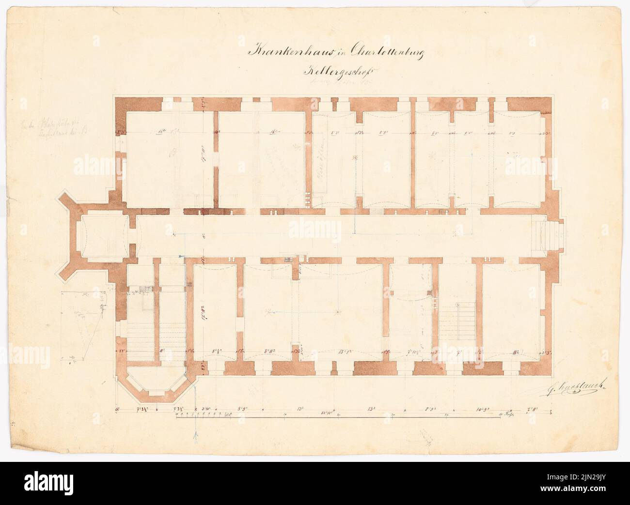 Knoblauch, Arnold & Knoblauch, Gustav, Krankenhaus, Berlin-Charlottenburg: Grundriss Keller. Tinte, Bleistift, Wasserfarben auf Papier, 50,6 x 69 cm (einschließlich Scankanten) Stockfoto