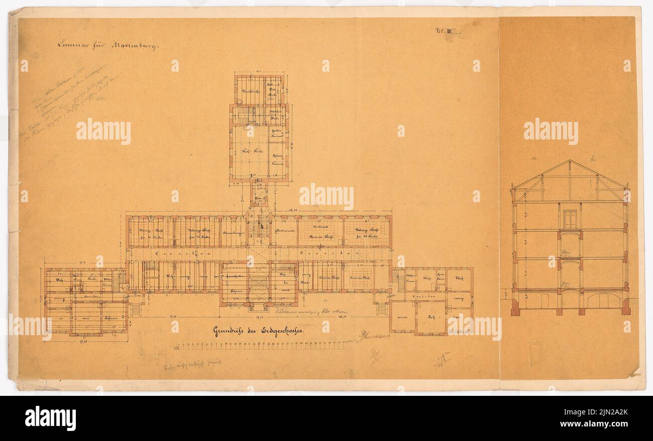 Hollin & Knoblauch, Lehrerseminar, Marienburg: 2. Gestaltung: Grundriß z.B., geschnitten. Tusche Aquarell auf Transparent auf Papier, 52,2 x 86,1 cm (inklusive Scankanten) Stockfoto