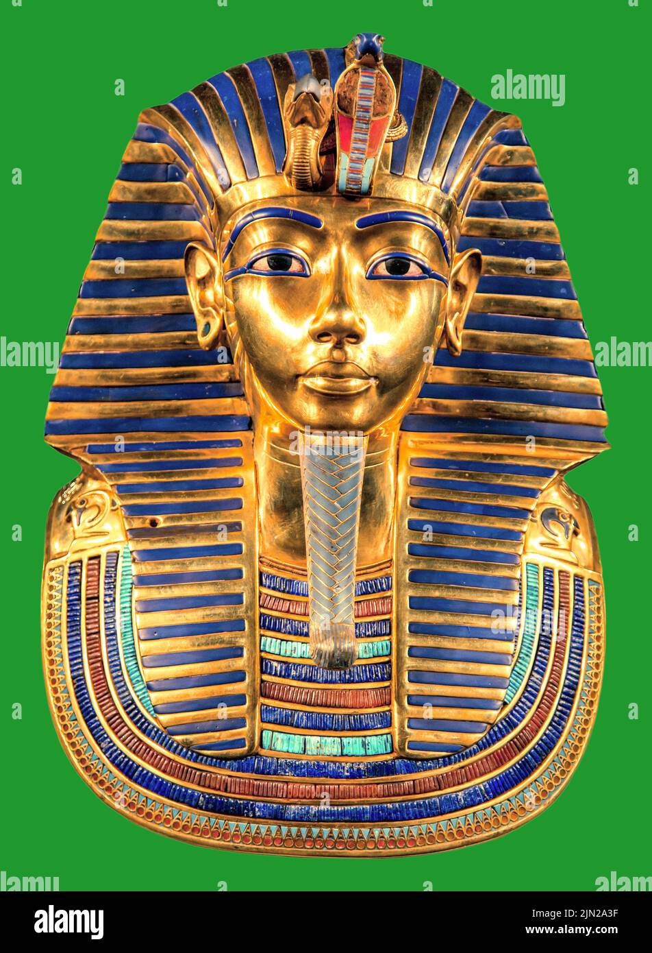 Die Totenmaske des ägyptischen pharao Tutanchamun auf grünem Hintergrund. Stockfoto