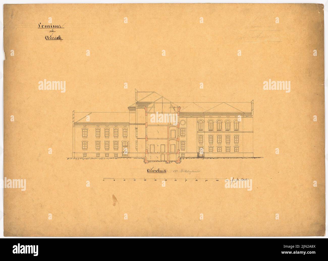 Gustav Garlic (1833-1916), Seminargebäude, Aurich: Querschnitt durch den Durchschnitt. Tusche Aquarell auf Transparent auf Papier, 51 x 70 cm (inklusive Scankanten) Stockfoto