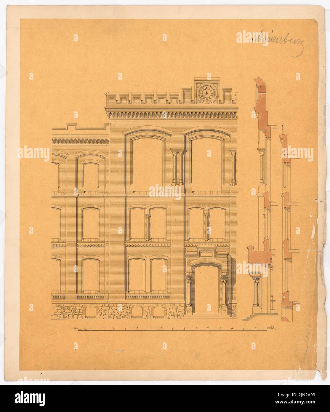 Hollin & Knoblauch, Lehrerseminar, Marienburg: Gymnasium: Grundriss z.B., Strahlposition, reißen, Aufruhr vor, Umriss Seitenfassade, Längsschnitt, Querschnitt. Tusche Aquarell auf Transparent auf Papier, 60,9 x 52,2 cm (inklusive Scankanten) Stockfoto