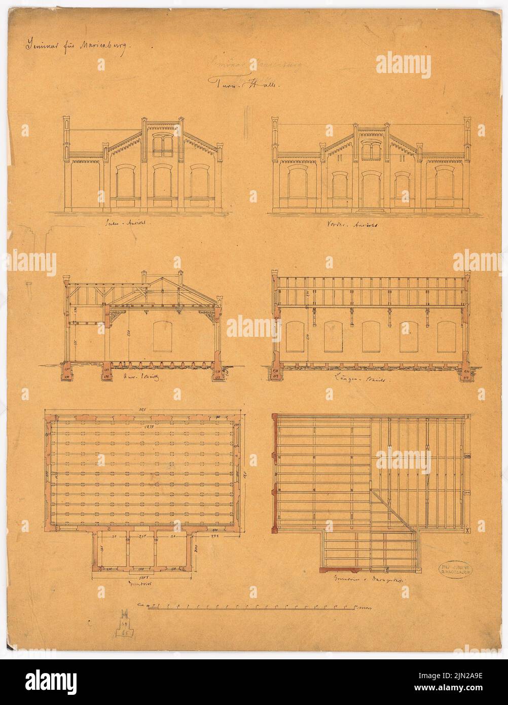 Hollin & Knoblauch, Lehrerseminar, Marienburg: Stallgebäude: Grundriß, offene Nordseite, offene Seitenfassade, Längsschnitt, Querschnitt; Mehrfamilienhaus: Grundrissfundamente, Erdgeschoss, aufrecht, Querschnitt. Tusche Aquarell auf Transparent auf Papier, 63,1 x 48,6 cm (inklusive Scankanten) Stockfoto