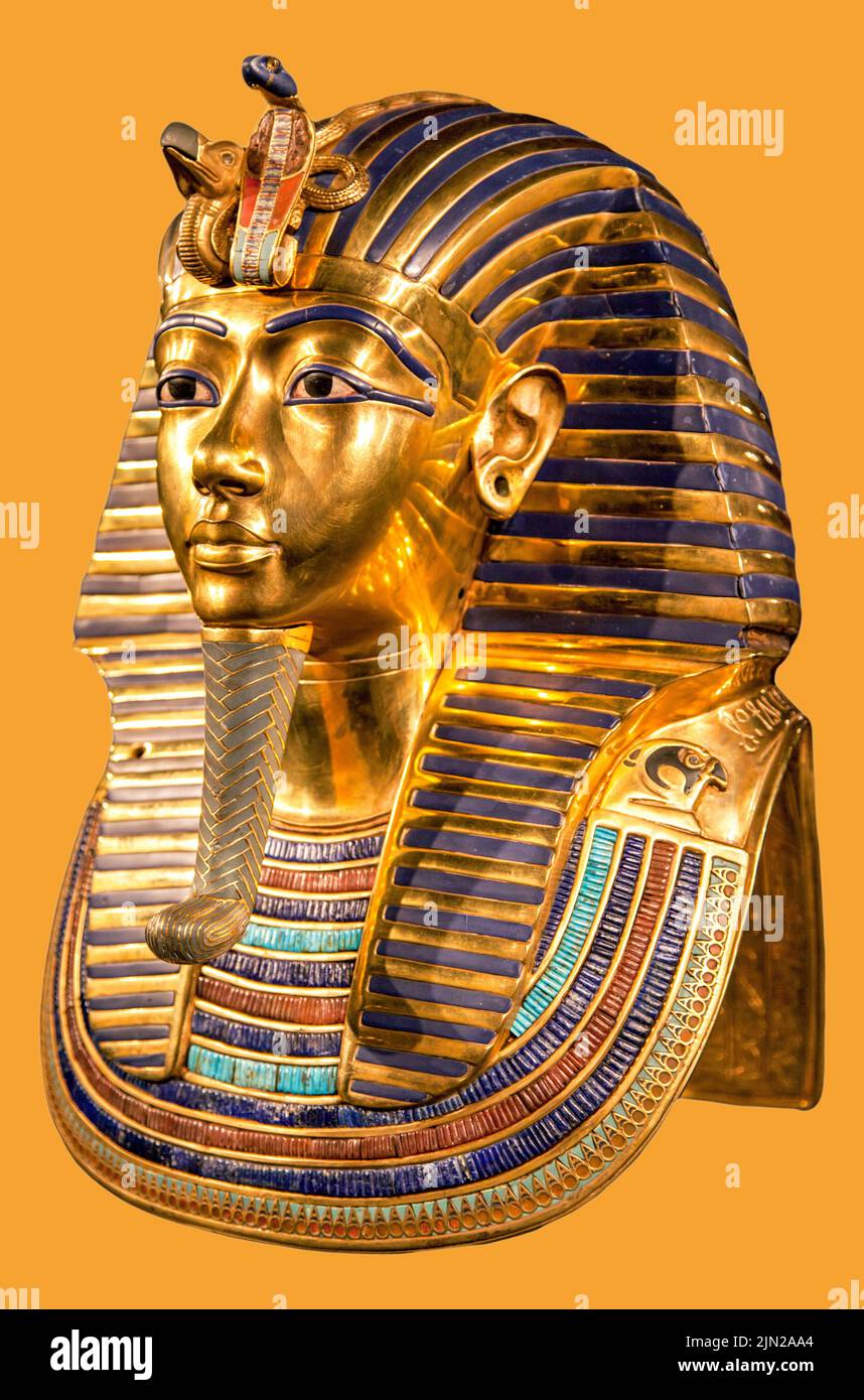 Beerdigungsmaske des pharao Tutanchamun auf gelbem Hintergrund. King Tut Stockfoto