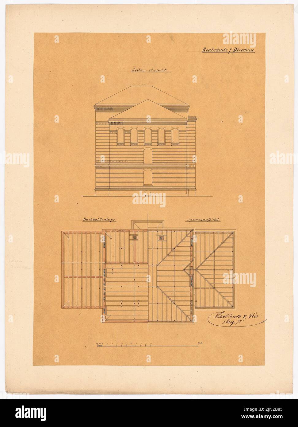 Knoblauch & Wex, Realschule, Dirschau: Grundriss Balkenlage, Obere Seitenfassade. Tusche Aquarell auf Transparent auf Papier, 65,8 x 49,3 cm (inklusive Scankanten) Stockfoto
