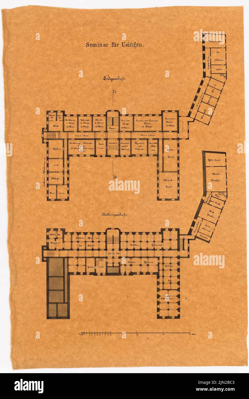 Knoblauch Gustav (1833-1916), Lehrerseminar, Usingen: 2. Gestaltung: Grundriss Keller, EG. Tinte auf Transparent, 52,7 x 35,2 cm (einschließlich Scankanten) Stockfoto