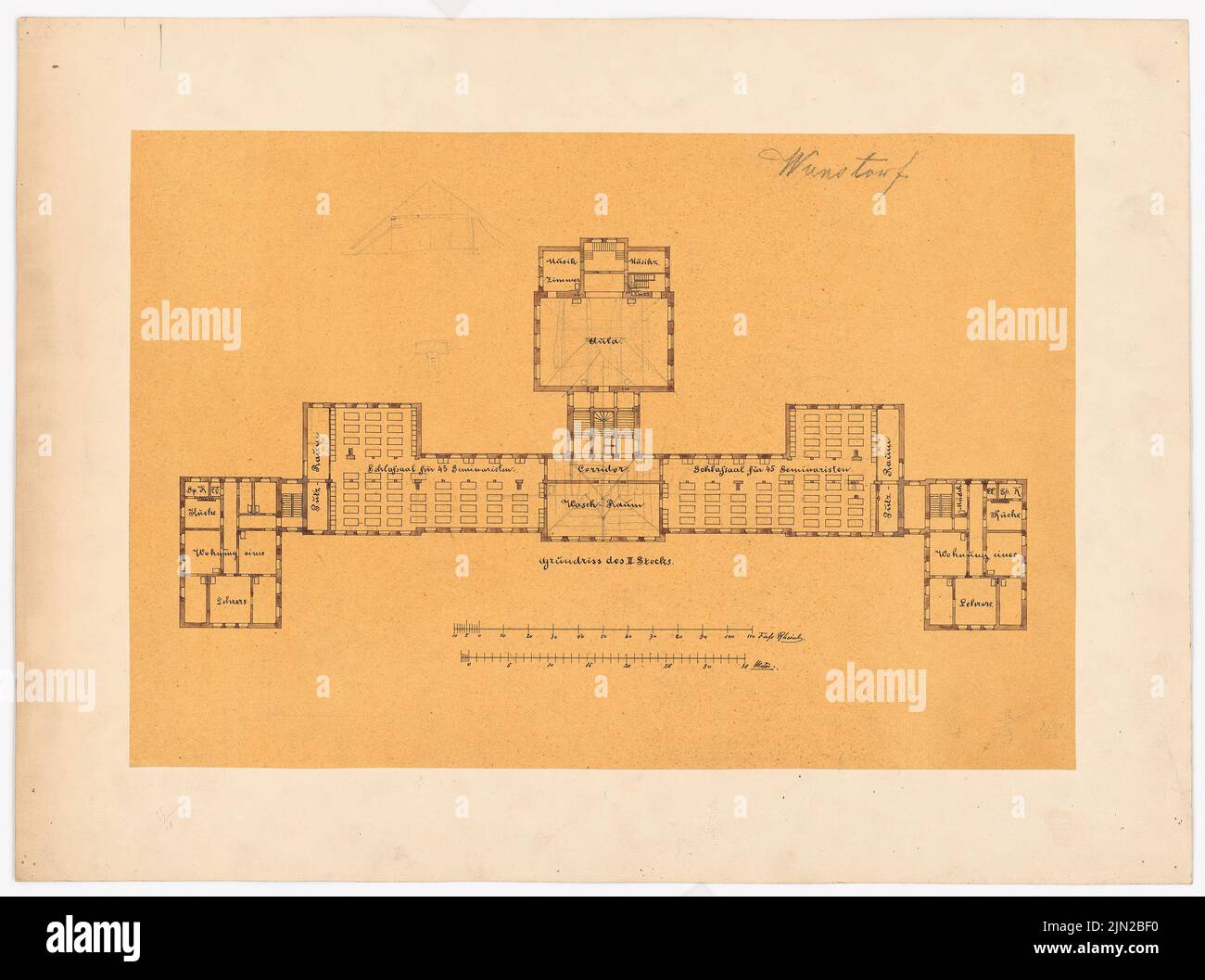 Knoblauch Gustav (1833-1916), Lehrerseminar, Wunstorf: 1. Gestaltung: Grundriß 2. Etage. Bleistift, Tinte Aquarell auf Transparent auf Papier, 44,3 x 59,5 cm (inklusive Scankanten) Stockfoto