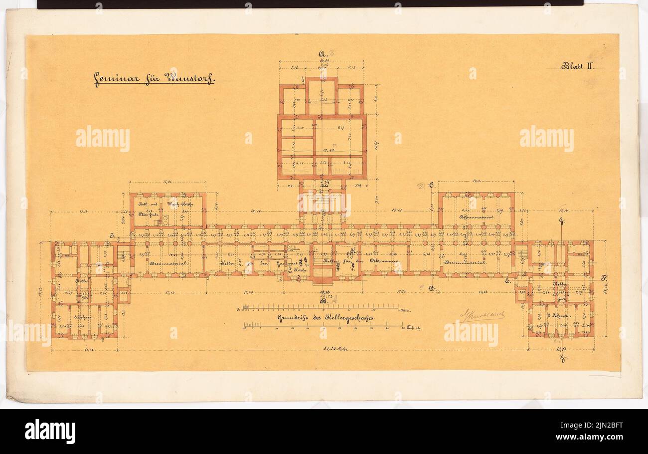 Knoblauch Gustav (1833-1916), Lehrerseminar, Wunstorf: 2. Gestaltung: Grundriss Keller. Tusche Aquarell auf Transparent auf Papier, 44,8 x 70,9 cm (inklusive Scankanten) Stockfoto