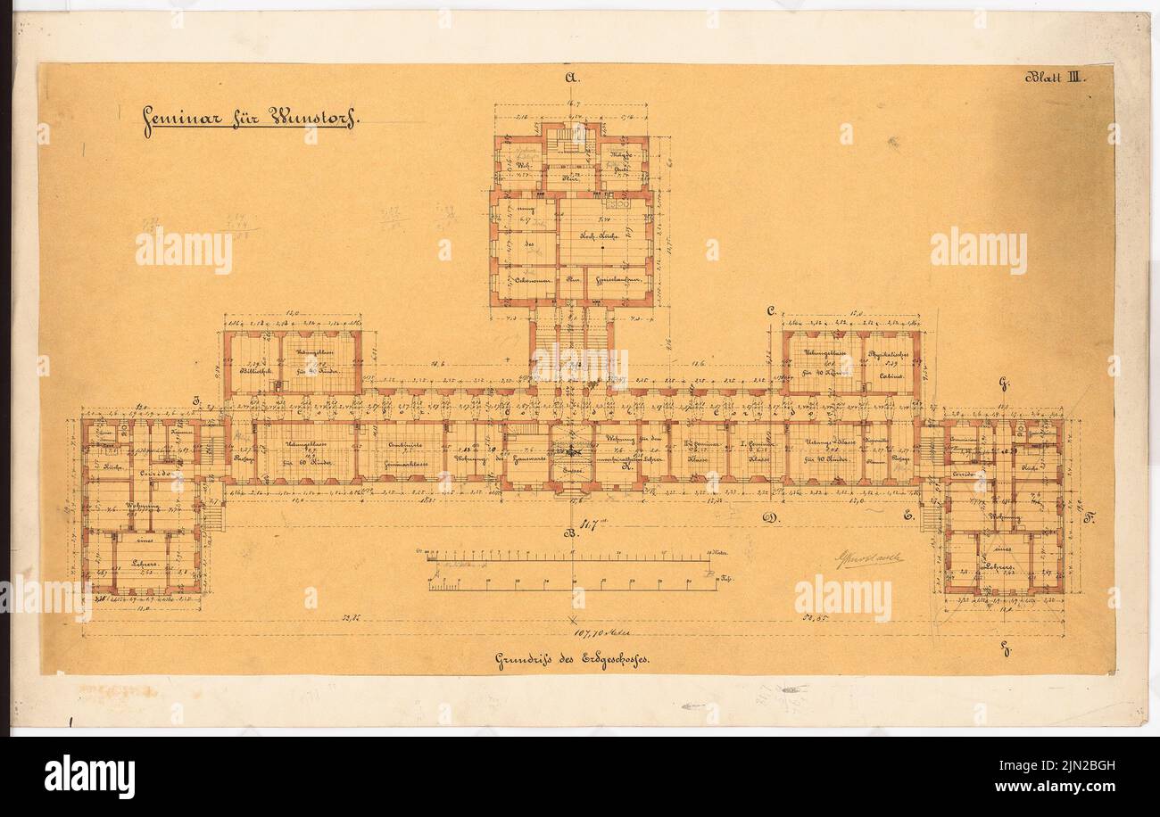 Knoblauch Gustav (1833-1916), Lehrerseminar, Wunstorf: 2. Gestaltung: Grundriss EG. Bleistift, Tinte Aquarell auf Transparent auf Papier, 44,7 x 70,3 cm (inklusive Scankanten) Stockfoto