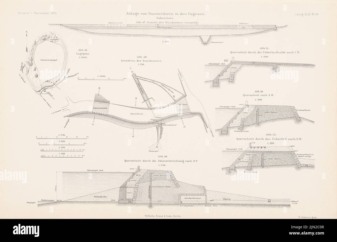 N.N., Stau Teich in den Vogesen. (Aus: Atlas zur Zeitschrift für Bauwesen, Hrsg. v. Ministerium für öffentliche Arbeit, Jg. 43, 1893): Sulzersee: Abteilungsplan 1: 5000, Ansicht, Grundriß 1: 500, 1: 750, 1: 250, 1 : 200. Stich auf Papier, 28,6 x 43,9 cm (einschließlich Scankanten) Stockfoto