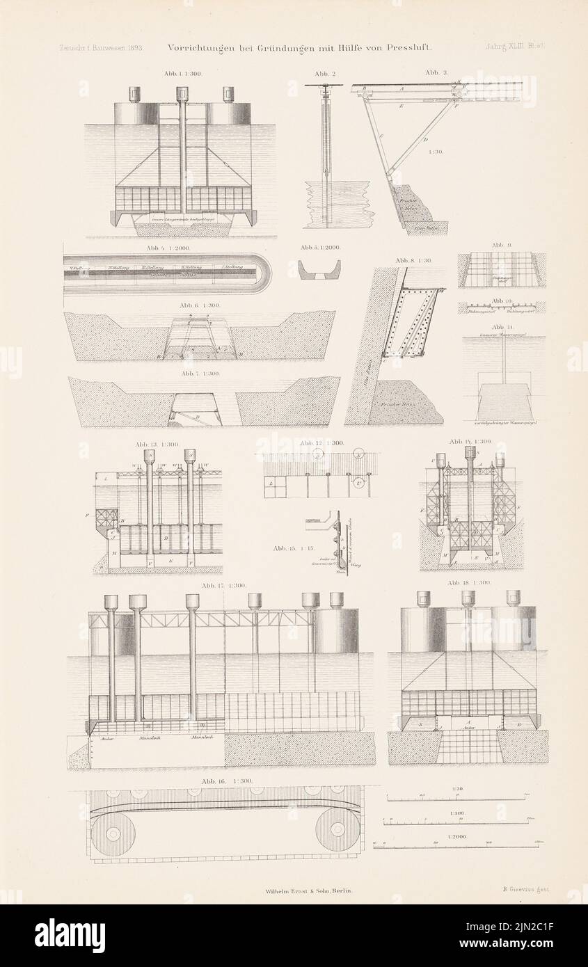 N.N., Geräte für Start-ups mit Druckluft. (Aus: Atlas zur Zeitschrift für Bauwesen, Hrsg. v. Ministerium für öffentliche Arbeit, Jg. 43, 1893): Ansichten, Schnitte, Details 1: 2000, 1: 300, 1:30 Uhr. Stich auf Papier, 43,8 x 28,5 cm (einschließlich Scankanten) Stockfoto