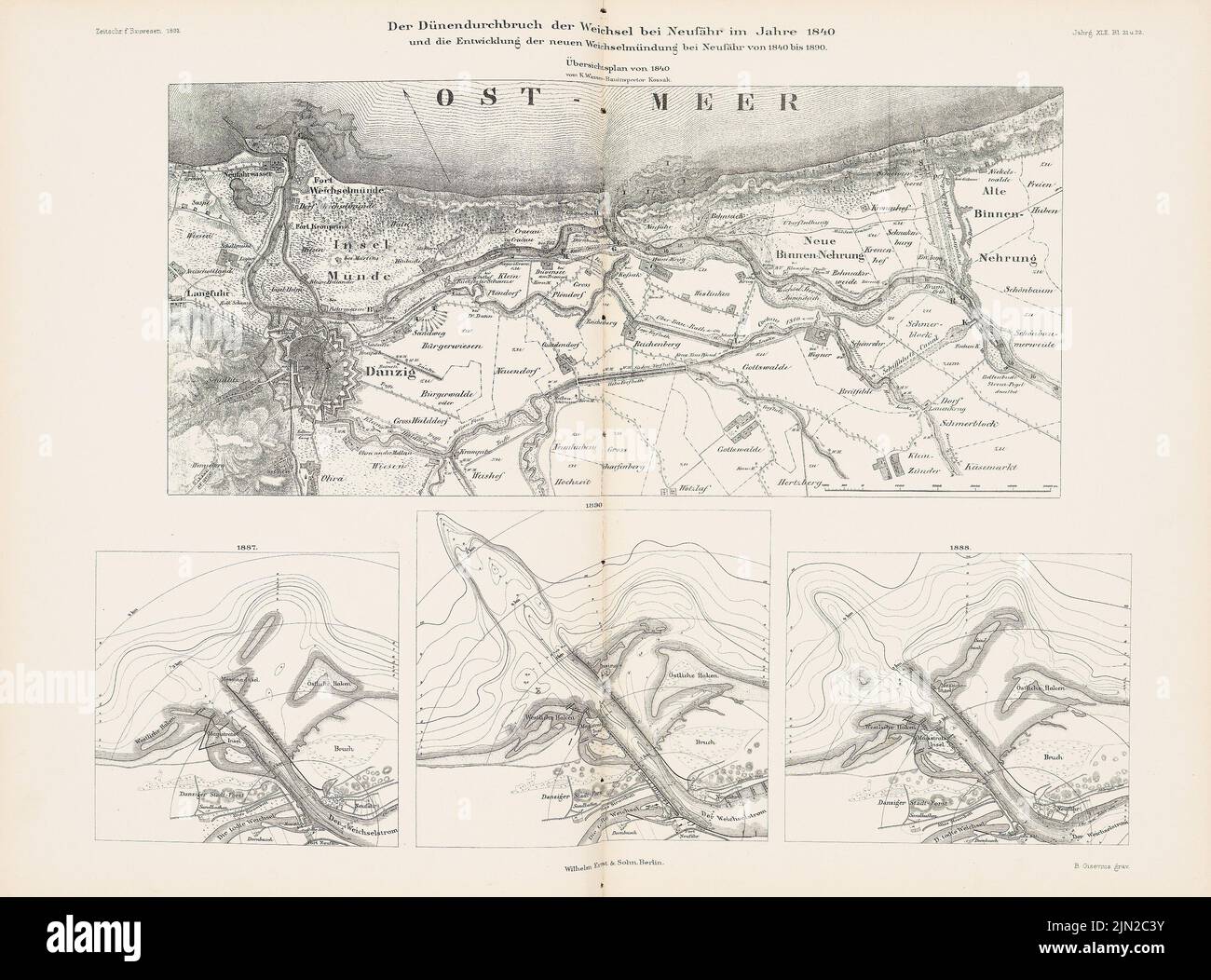 N.N., Dünendurchbruch der Weichsel, Neufähr. (Aus: Atlas zur Zeitschrift für Bauwesen, Hrsg. v. Ministerium für öffentliche Arbeit, Jg. 42, 1892): Karten 1840 und Entwicklung der neuen Weichselmündung 1840 bis 1890. Stich auf Papier, 42,7 x 57,7 cm (inkl. . Kanten scannen) Stockfoto