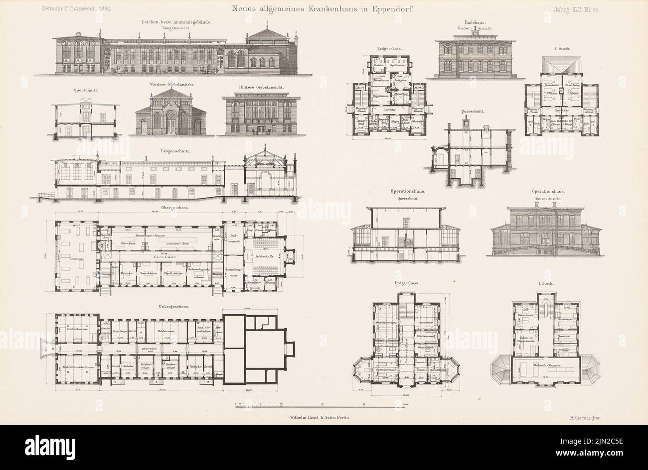 N.N., Neues Allgemeinkrankenhaus, Hamburg-Eppendorf. (Aus: Atlas zur Zeitschrift für Bauwesen, Hrsg. v. Ministerium für öffentliche Arbeiten, Jg. 42, 1892): Ansichten, Grundrisse, Schnitte. Stich auf Papier, 28,5 x 43,3 cm (einschließlich Scankanten) Stockfoto