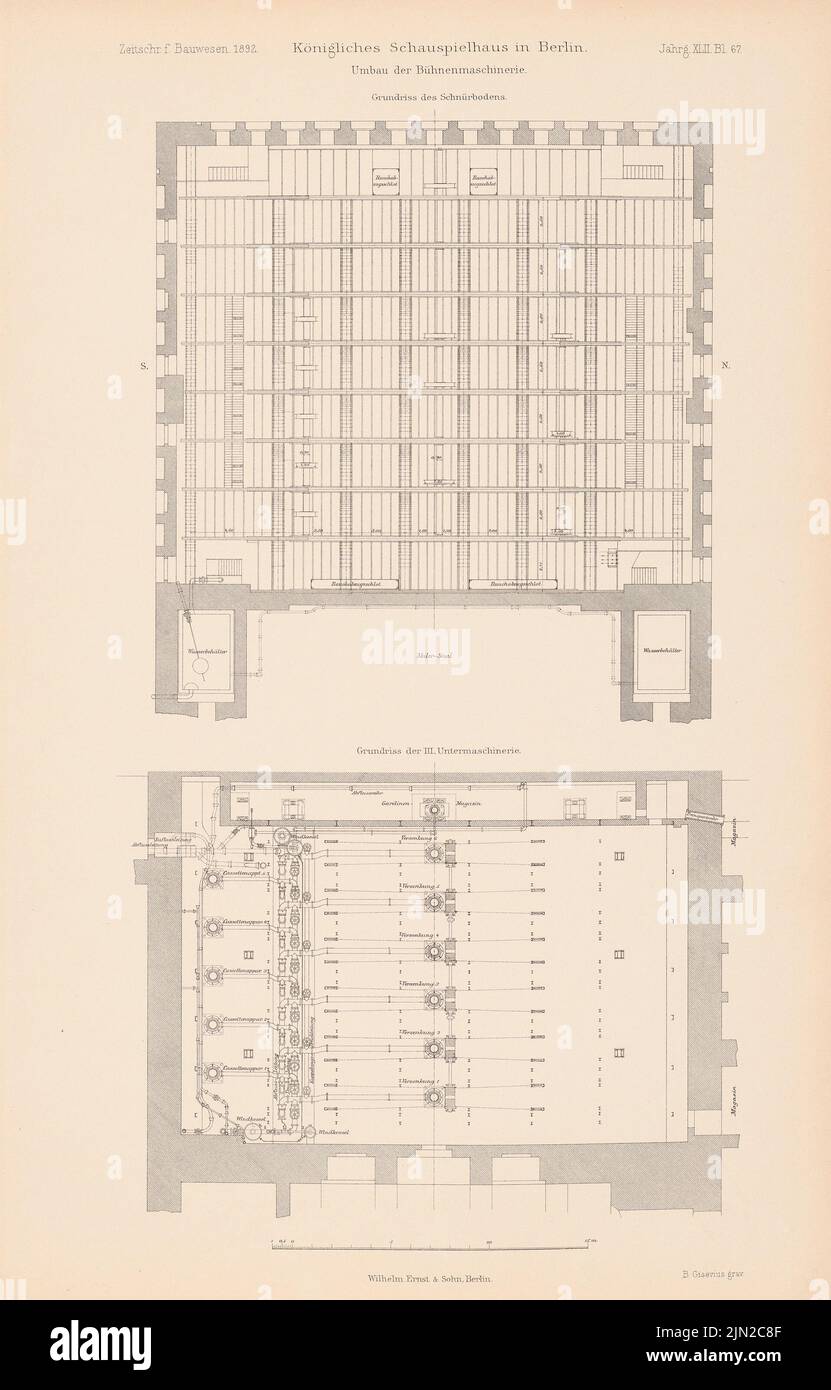 N.N., Schauspielhaus, Berlin. (Aus: Atlas zur Zeitschrift für Bauwesen, Hrsg. v. Ministerium für öffentliche Arbeiten, Jg. 42, 1892): Revifizierung der Bühnenmaschinerie: Grundrisse. Stich auf Papier, 43,7 x 27,9 cm (einschließlich Scankanten) Stockfoto