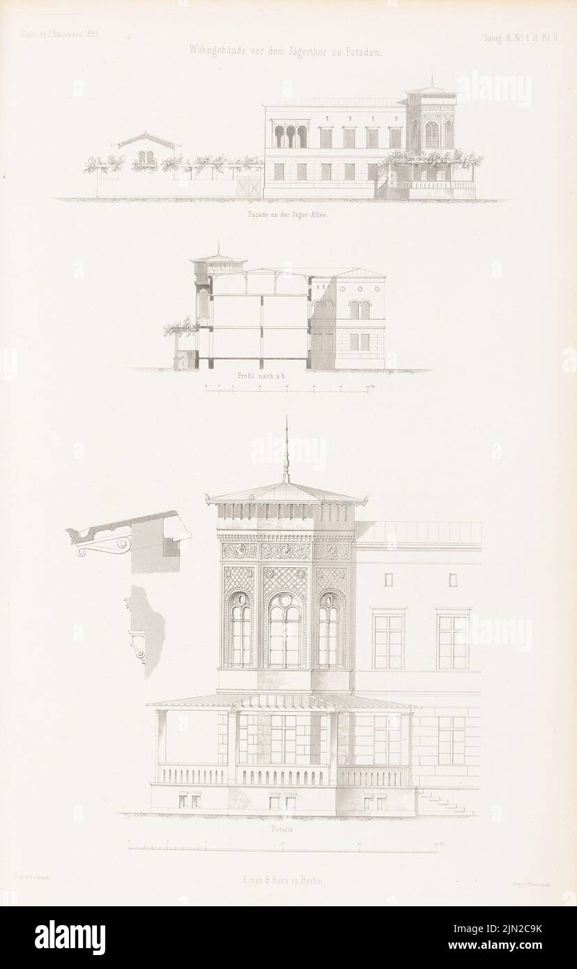 Arnim Ferdinand von (1814-1866), Wohnhaus 'vor dem Jägertthore' (Villa Haacke), Potsdam. (Aus: Atlas zur Zeitschrift für Bauwesen, hrsg. v. G. Erbkam, Jg. 3, 1853): Ansichten, Schnitt, Details. Stich auf Papier, 42,7 x 27,2 cm (einschließlich Scankanten) Stockfoto