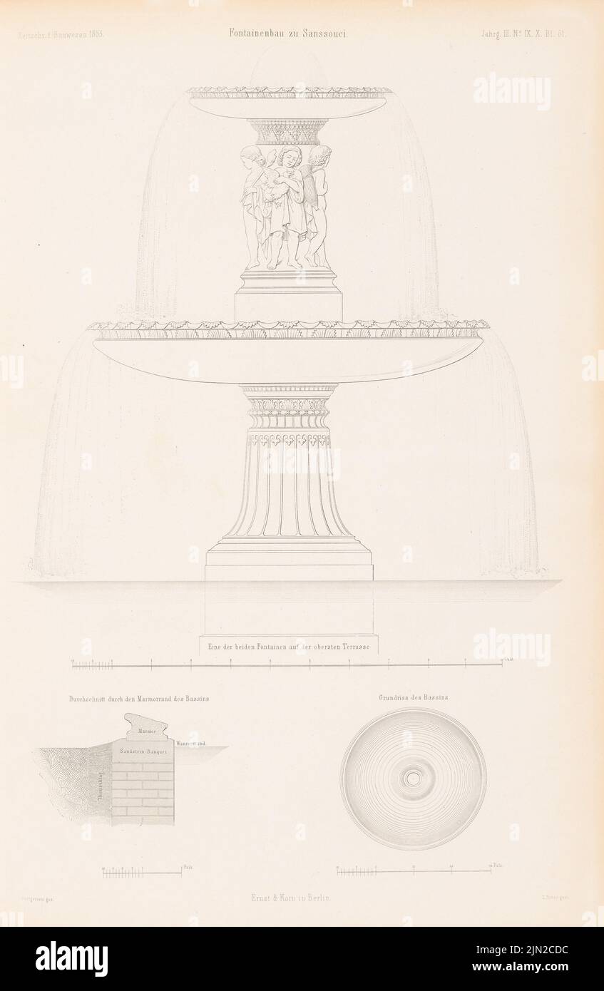 Gottgetreu Moritz Wilhelm (1813-1885), Fontainebau in Sanssouci, Potsdam. (Aus: Atlas zur Zeitschrift für Bauen, hrsg. v. G. Erbkam, geb. 3, 1853): Brunnen auf der obersten Terrasse: Blick, Grundriß, Schnitt. Stich auf Papier, 42,7 x 27,8 cm (einschließlich Scankanten) Stockfoto