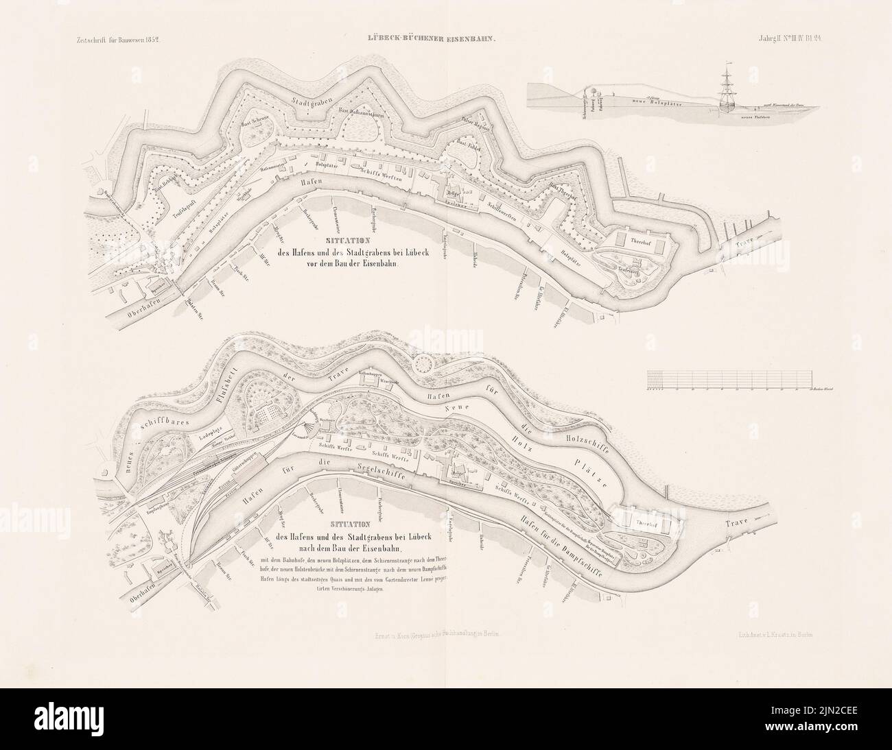 N.N., Lübeck-Büchener Bahn. Lage Lübeck. (Aus: Atlas zur Zeitschrift für Bauwesen, hrsg. v. G. Erbkam, Jg. 2, 1852): Standortpläne, Schnitt. Lithographie auf Papier, 42,5 x 55 cm (einschließlich Scankanten) Stockfoto