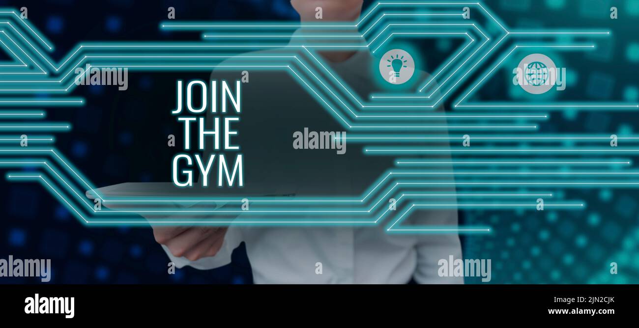 Inspiration Vorzeibeschild Join the Gym. Wort für die Motivation zu beginnen, die Arbeit machen Übungen Fitness Geschäftsfrau mit Tablet präsentiert New Stockfoto