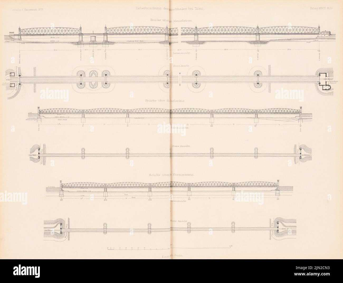 N.N., Überbrückung des Memeltals bei Tilsit. (Aus: Atlas zur Zeitschrift für Bauen, Hrsg. v. G. Erbkam, geboren 28, 1878): Brücken über Memel, Uszlenkis und Kurmerszeris: Ansichten, Grundrisse. Stich auf Papier, 42,3 x 55,9 cm (einschließlich Scankanten) Stockfoto