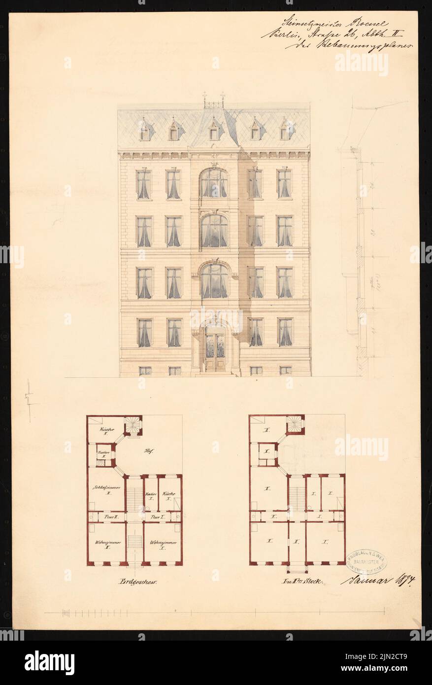 Knoblauch & Wex, Steinmetz Roessel II Wohngebäude, Berlin-Kreuzberg: Grundriss EG und 1.- und 2.-geschossig, Ansicht, Fassade vertikal geschnitten. Tinte, Bleistift, Wasserfarben auf Papier, 49,8 x 33,6 cm (einschließlich Scankanten) Stockfoto