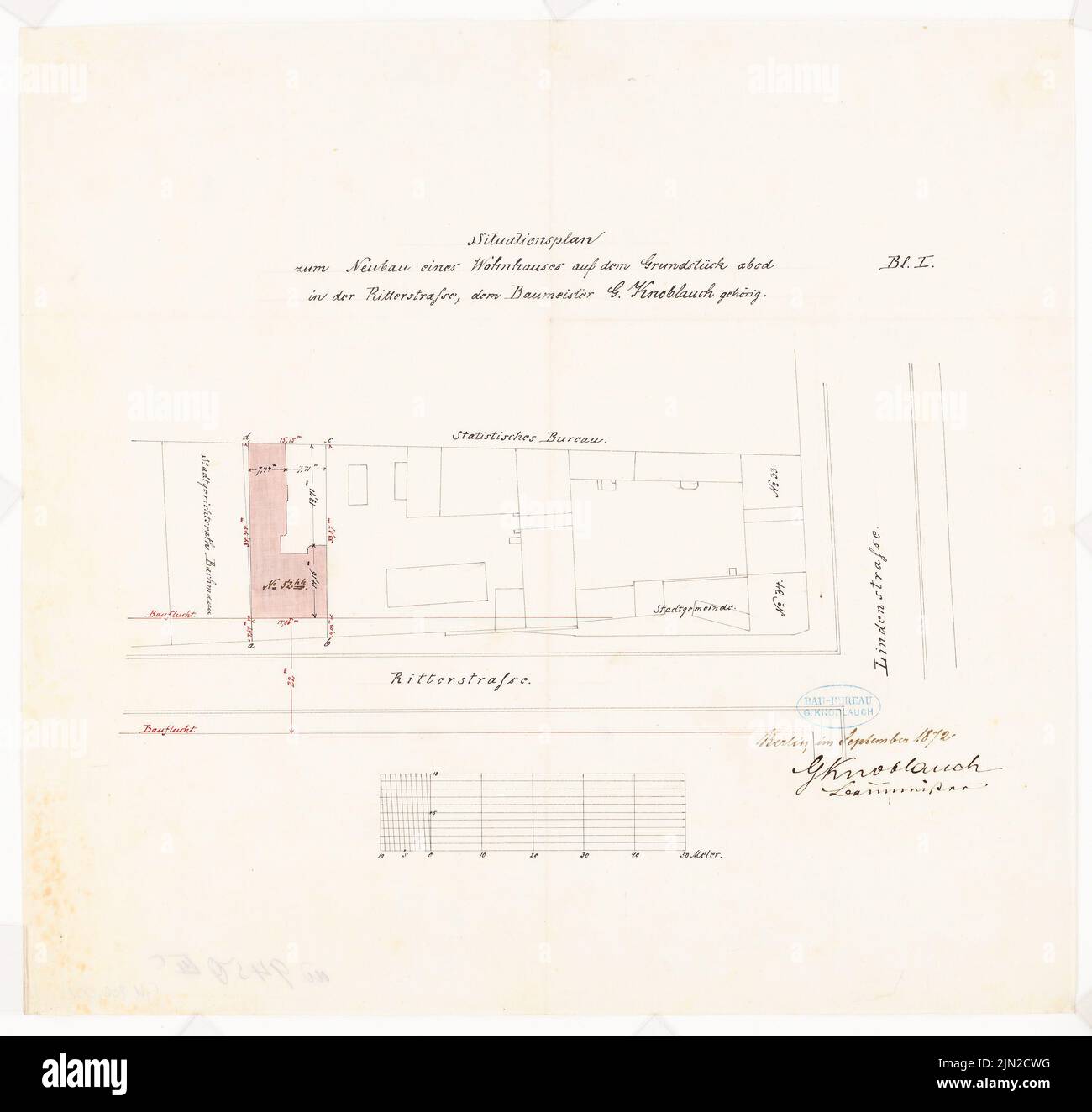 Knoblauch Gustav (1833-1916), Häuser Ritterstraße 61-65, Berlin: Lageplan. Tinte, farbig, Aquarell auf transparent, 40,4 x 42,6 cm (einschließlich Scankanten) Stockfoto