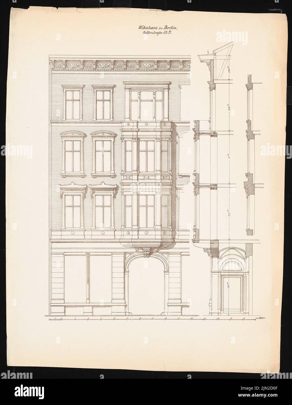 Knoblauch & Wex, Ritterstraße 61-65 Wohngebäude, Berlin: Knoblauch Nr. 64: Vertikale Ansicht und 2 Fassadenschnitte. Leichter Bruch auf Papier, 71,9 x 55,5 cm (einschließlich Scankanten) Stockfoto