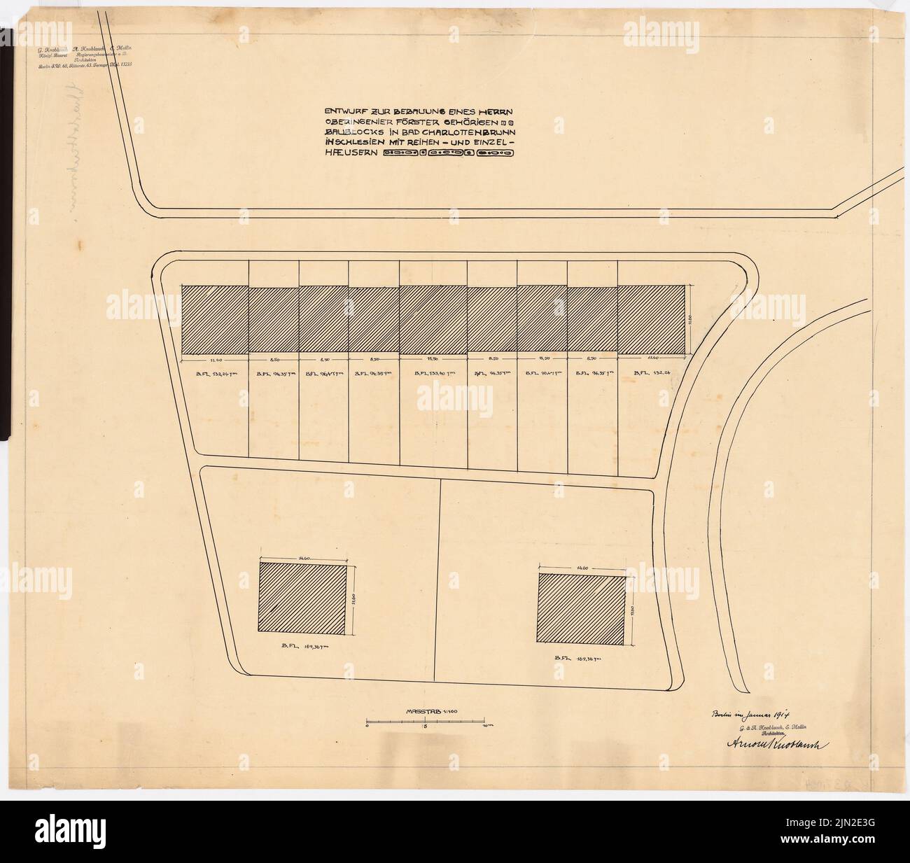 Knoblauch, Arnold & Knoblauch, Gustav, Reihenhäuser und Einfamilienhäuser von Herrn Förster, Charlottenbrunn: Abteilung 1: 100. Tinte auf Transparent, 67,5 x 76,8 cm (einschließlich Scankanten) Stockfoto