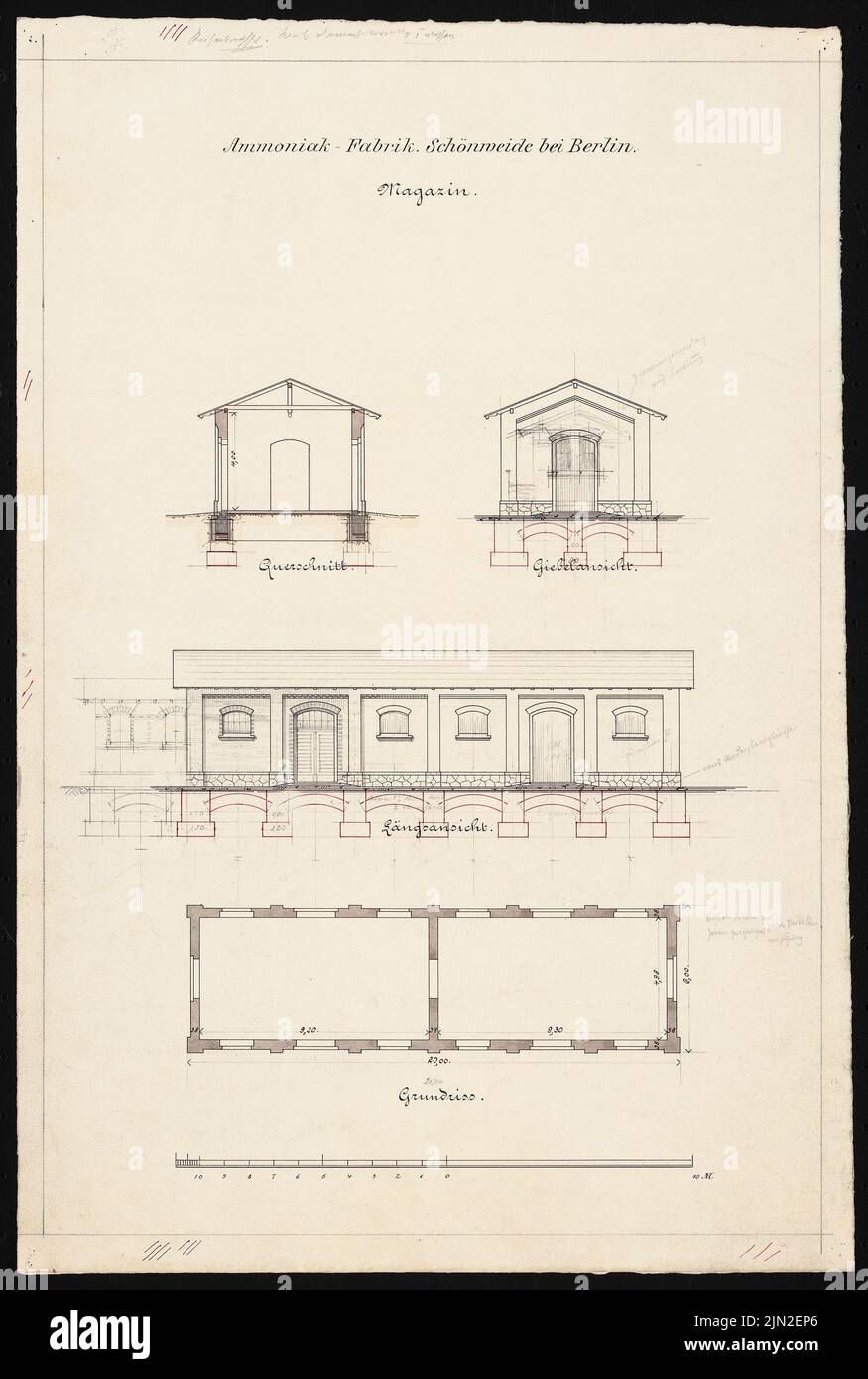 Hollin & Knoblauch, Chemiefabrik »Kanne« (Kunheim & Co.), Berlin-Niederschöneweide. Ammoniak-basierte Fabrik: Zeitschrift: Grundriß, Ansicht von der Gießseite, Ansicht von den Traufen Seite 1: 100. Bleistift und Tinte Aquarell auf Papier, 52,3 x 35,2 cm (einschließlich Scankanten) Stockfoto