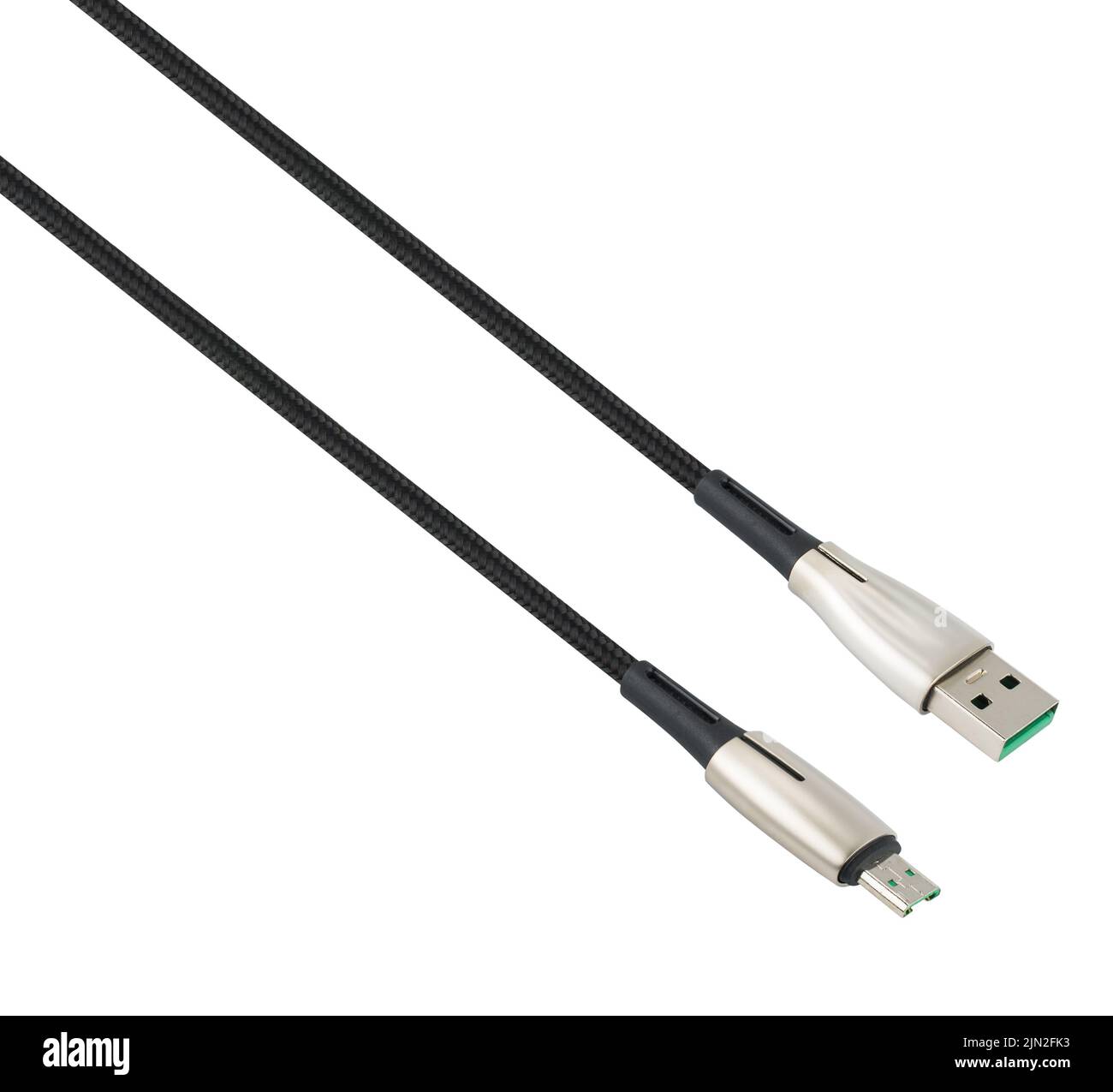 Kabel mit USB- und Micro-USB-Anschluss, isoliert auf weißem Hintergrund Stockfoto