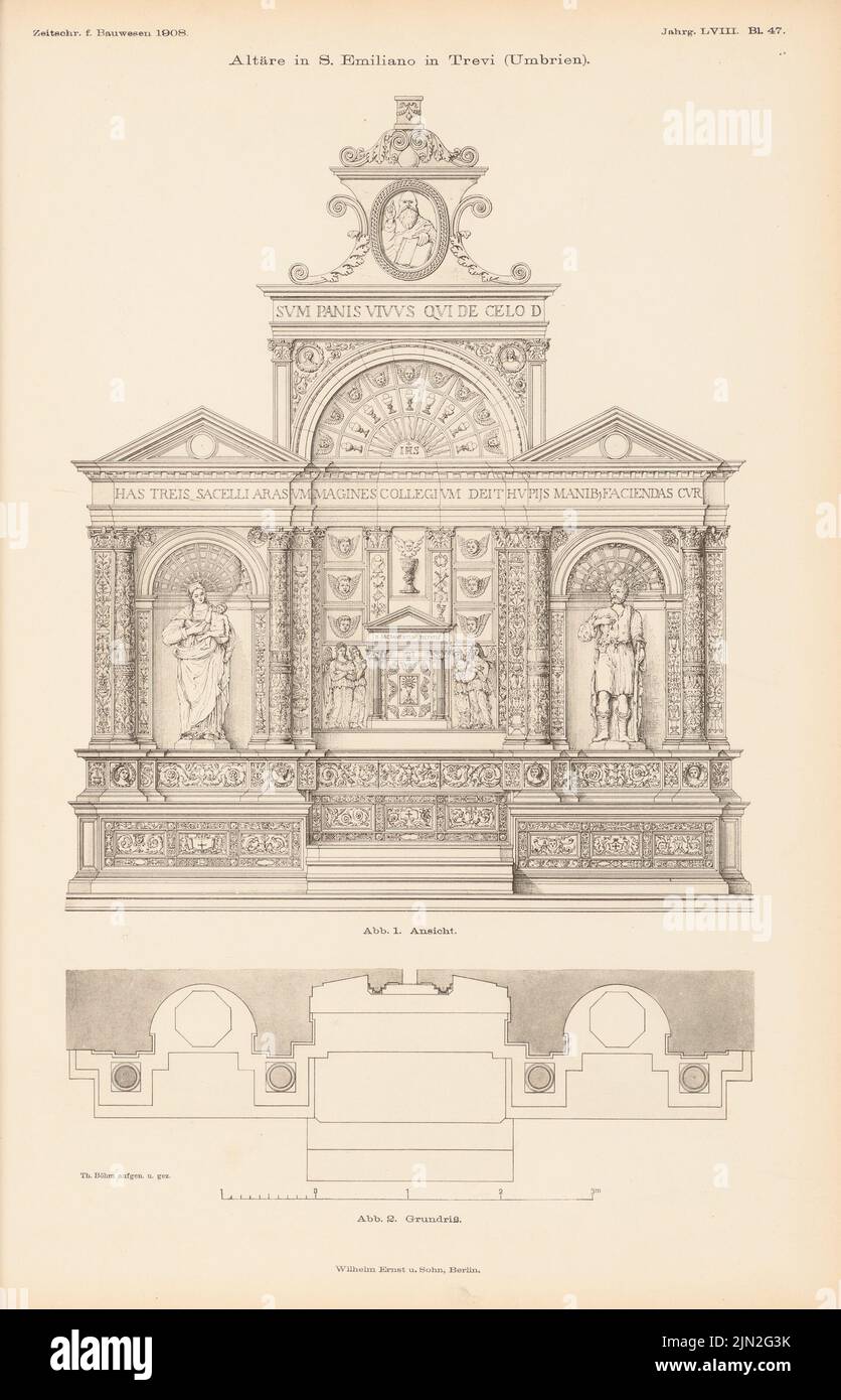 N.N., Altäre in S. Emiliano, Trevi. (Aus: Atlas zur Zeitschrift für Bauwesen, Hrsg. v. Ministerium für öffentliche Arbeit, Jg. 58, 1908): Aussicht, Grundriß. Druck auf Papier, 43,6 x 28 cm (einschließlich Scankanten) Stockfoto