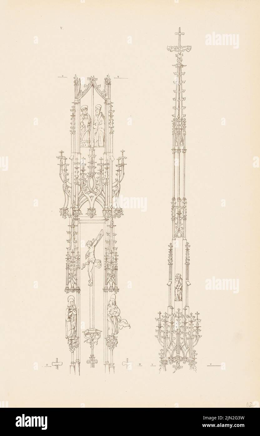 N.N., Kirche. (Aus Richtung Denkmäler d. Deutsche Architektur, Darg. V. Hessische Verein F.d. Mittelalter mittelalterliche Werke, Darmstadt, Vol. 1, Atlas, 1856): Gotische Schmuckelemente. Lithographie auf Papier, 53,7 x 34,3 cm (einschließlich Scankanten) Stockfoto