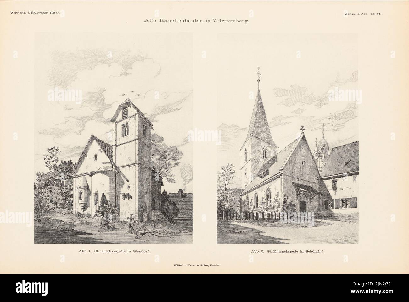 N.N., Alte Kapellenbauten in Württemberg, Standorf, Schöntal. (Aus: Atlas zur Zeitschrift für Bauwesen, Hrsg. v. Ministerium für öffentliche Arbeit, Jg. 57, 1907): Perspektivische Ansichten von Ulrichkapelle und Kilianskapelle. Druck auf Papier, 28,8 x 42,9 cm (einschließlich Scankanten) Stockfoto