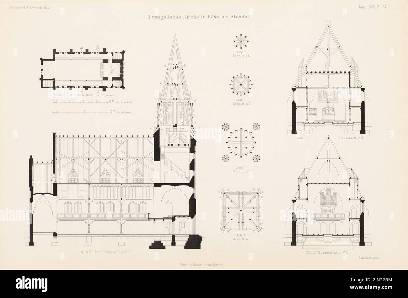 N.N., Evangelische Kirche, Röxe. (Aus: Atlas zur Zeitschrift für Bauwesen, Hrsg. v. Ministerium für öffentliche Arbeiten, Jg. 57, 1907): Grundrisse, Schnitte. Stich auf Papier, 28,1 x 42,6 cm (einschließlich Scankanten) Stockfoto