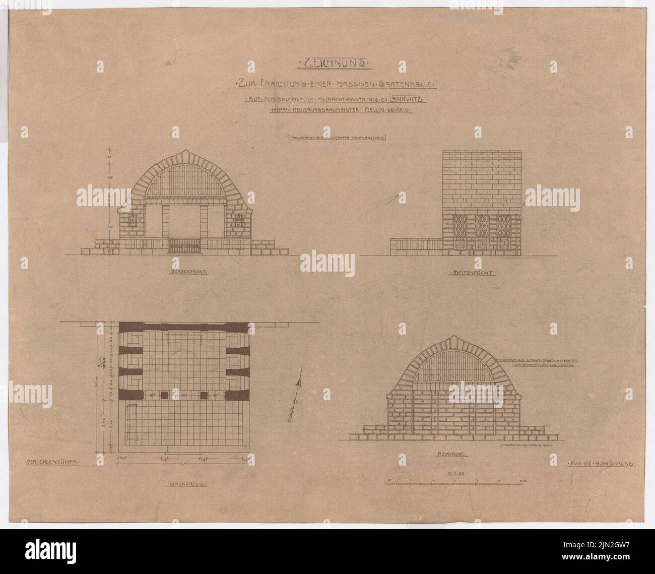 Knoblauch Gustav (1833-1916), Hausbaumeister E. Mellin, Berlin-Lankwitz: Gartenhaus: Ansichten und Grundriß 1:50. Leichter Bruch auf Papier, 48 x 59,5 cm (einschließlich Scankanten) Stockfoto