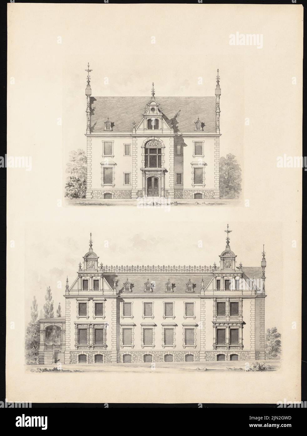 Knoblauch Gustav (1833-1916), Herrenhaus für das Rittergut, Neudorf/Spree: 2 Ansichten. Tusche Aquarell auf Papier, 62,4 x 47,2 cm (einschließlich Scankanten) Stockfoto