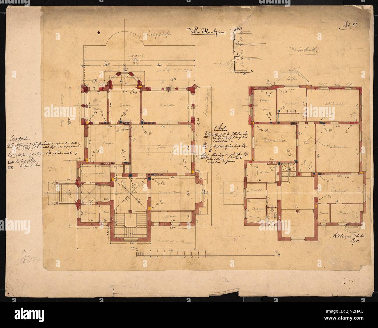 Knoblauch Gustav (1833-1916), Villa Kunheim, Berlin-Niederschönweide: Grundriss EG und 1.. Stock. Tusche und Bleistift Aquarell auf transparent, 54,9 x 68,7 cm (inklusive Scankanten) Stockfoto