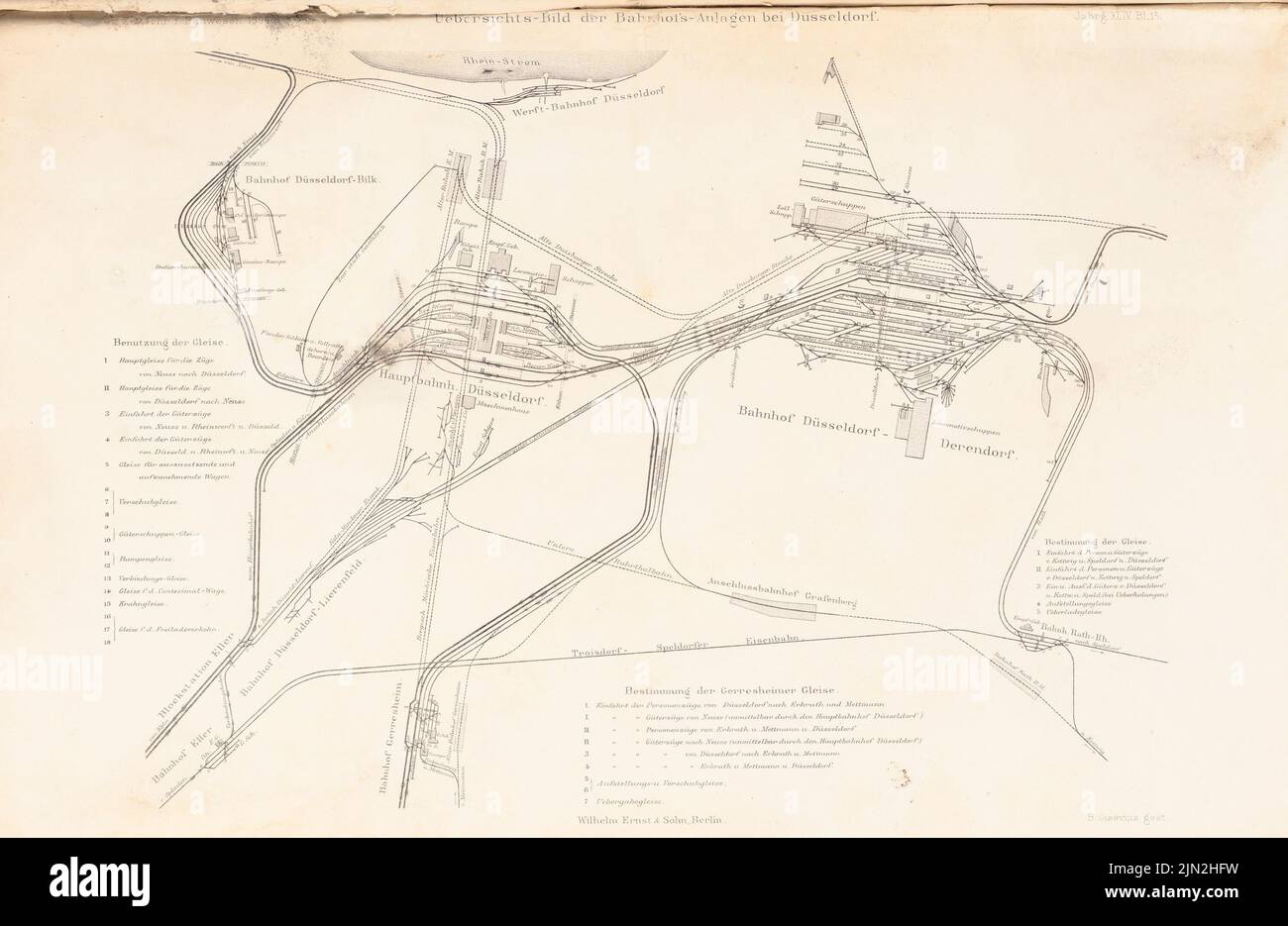 N.N., Bahnhofseinrichtungen, Düsseldorf. (Aus: Atlas zur Zeitschrift für Bauwesen, Hrsg. v. Ministerium für öffentliche Arbeiten, Jg. 44, 1894): Abteilung. Stich auf Papier, 27,6 x 42,5 cm (einschließlich Scankanten) Stockfoto