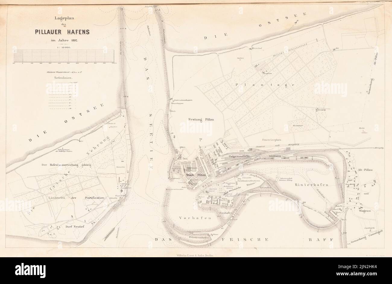 N.N., Hafen, Pillau. (Aus: Atlas zur Zeitschrift für Bauwesen, Hrsg. v. Ministerium für öffentliche Arbeiten, Jg. 44, 1894): Abteilung 1: 10000. Stich auf Papier, 28 x 42,5 cm (einschließlich Scankanten) Stockfoto