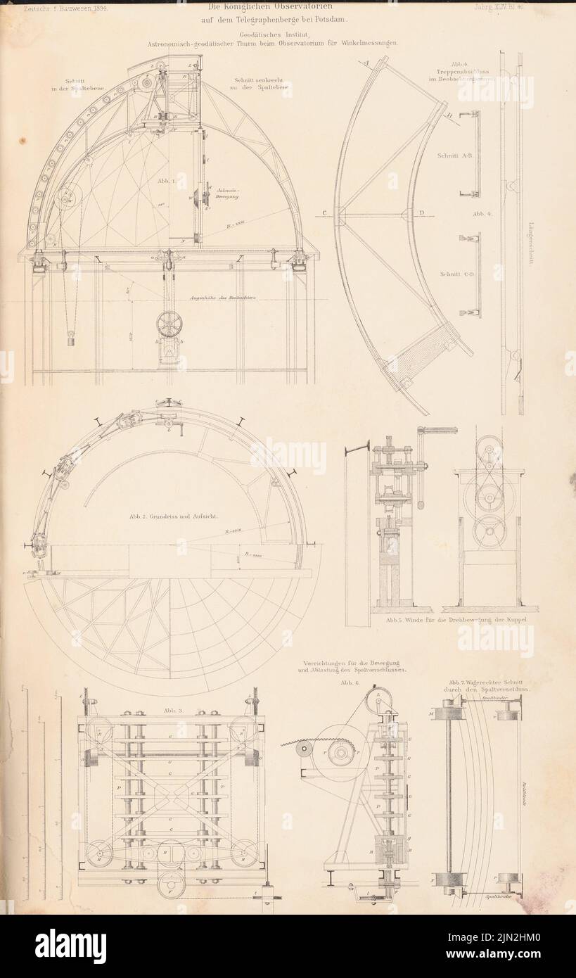 Spieker Paul (1826-1896), wissenschaftliche Institute auf dem Telegrafenberg, Potsdam. (Aus: Atlas zur Zeitschrift für Bauwesen, Hrsg. v. Ministerium für öffentliche Arbeit, geboren 44, 1894): Geschnittener, bodenplan astronomisch-geodätischer Turm des geodätischen Instituts. Stich auf Papier, 43,1 x 27,2 cm (einschließlich Scankanten) Stockfoto