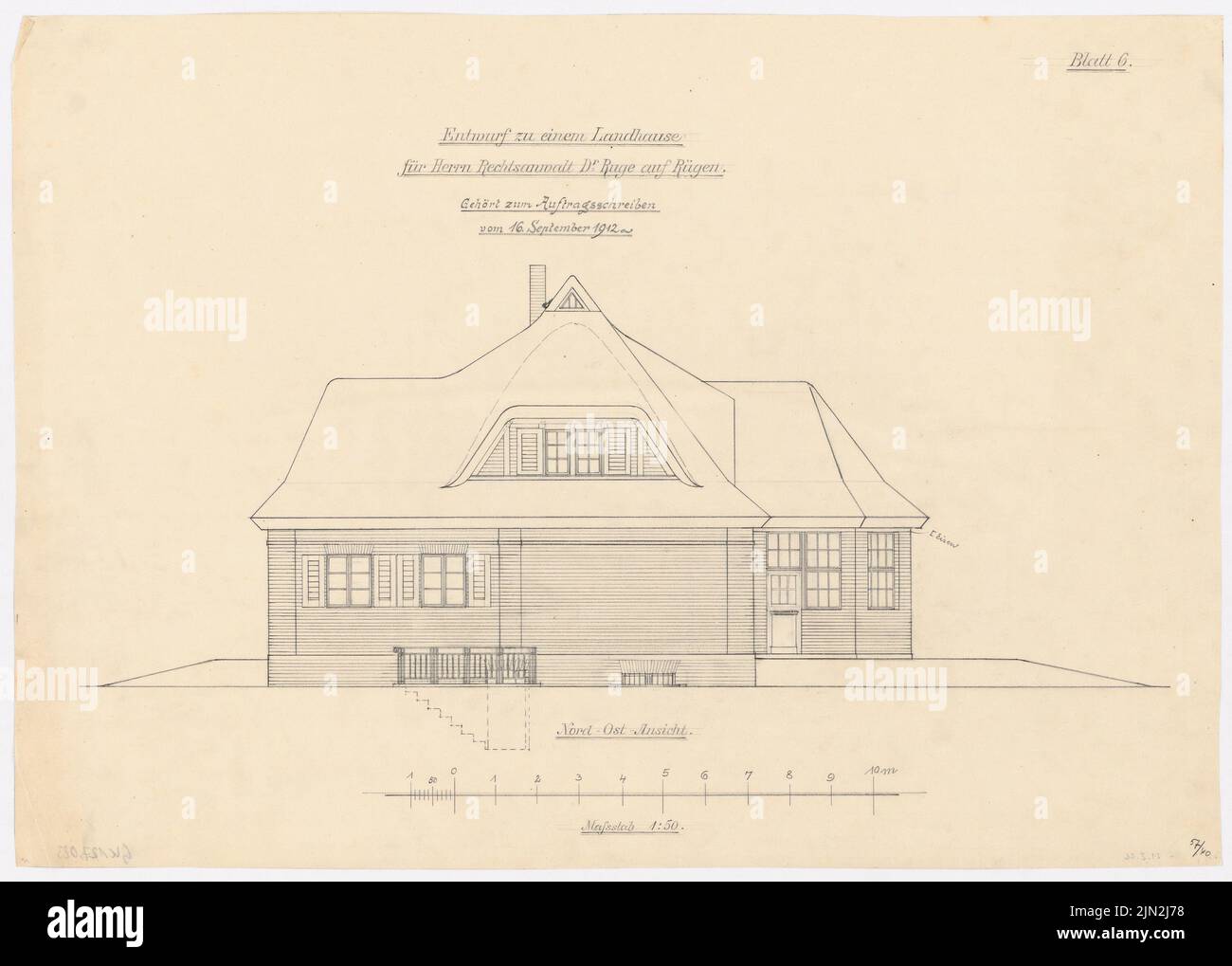 Gustav Knoblauch (1833-1916), Landhaus Dr. Ruge, Nardevitz: Nordostansicht 1:50. Bleistift auf Transparent, 41,6 x 58,1 cm (einschließlich Scankanten) Stockfoto