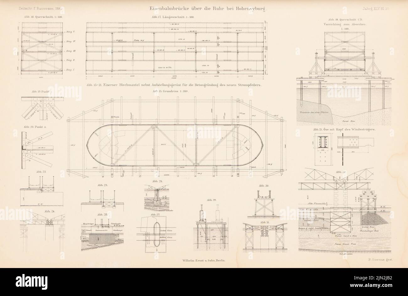 N.N., Eisenbahnbrücke über das Ruhrgebiet, Dortmund-Syburg. (Aus: Atlas zur Zeitschrift für Bauwesen, Hrsg. v. Ministerium für öffentliche Arbeit, geboren 45, 1895): Schnitte, Details 1: 100. Stich auf Papier, 28,2 x 43 cm (einschließlich Scankanten) Stockfoto