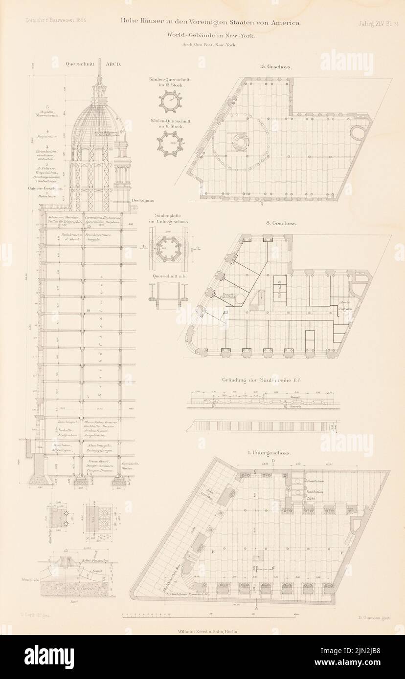 Post Geo, hohe Häuser in den USA, New York. (Aus: Atlas zur Zeitschrift für Bauwesen, Hrsg. v. Ministerium für öffentliche Arbeit, Jg. 45, 1895): Grundrisse, Cuts World Building, New York. Stich auf Papier, 43,1 x 27,5 cm (einschließlich Scankanten) Stockfoto